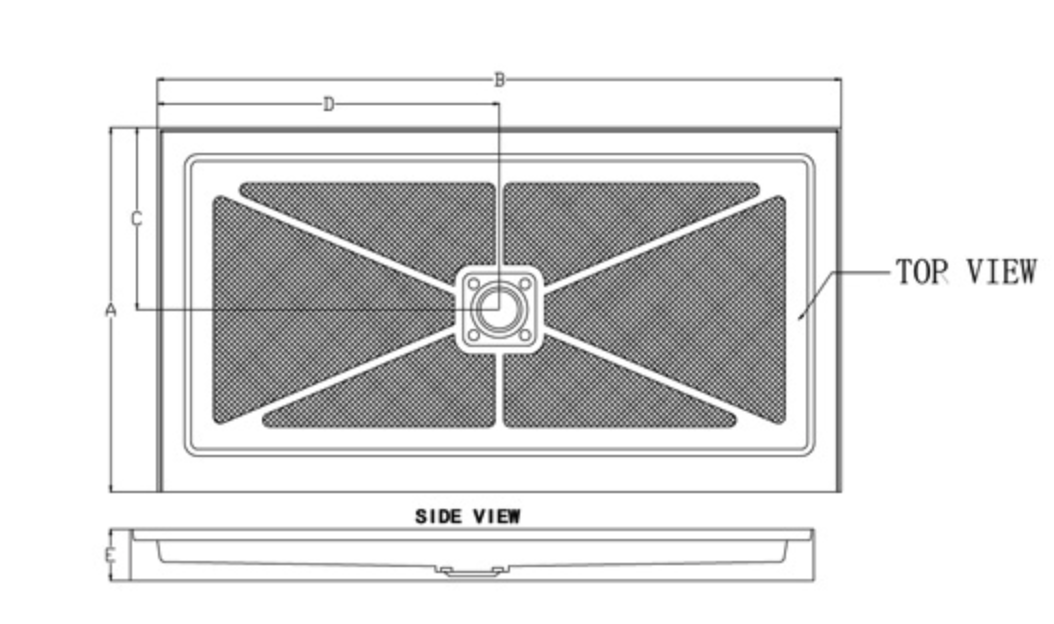 RECTANGULAR SHOWER BASE WITH CENTER DRAIN 60" X 32" X 3 1/2"