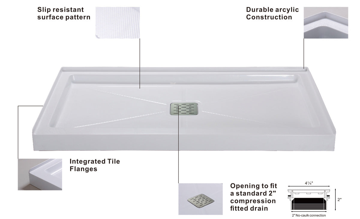 RECTANGULAR SHOWER BASE WITH CENTER DRAIN 60" X 32" X 3 1/2"